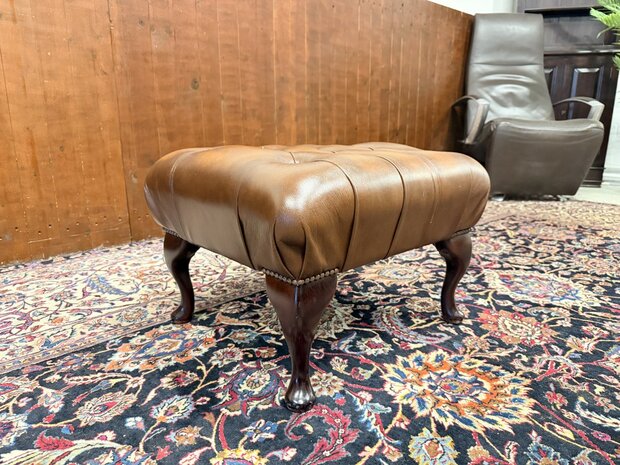 Klassiek-Engels-Antiek-Oud-Chesterfield-Hocker-Poef-Ottoman-Bruin-Leder