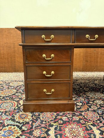 Klassiek-Oud-Antiek-Engels-Chesterfield-Vintage-Bureau-Bureel-Desk-Partnerdesk-Mahonie-Groen-Leder-8