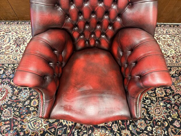 Klassiek-Engels-Oud-Antiek-Chesterfield-Vintage-Springvale-Bureaustoel-Director-Chair-Oxblood-Leder