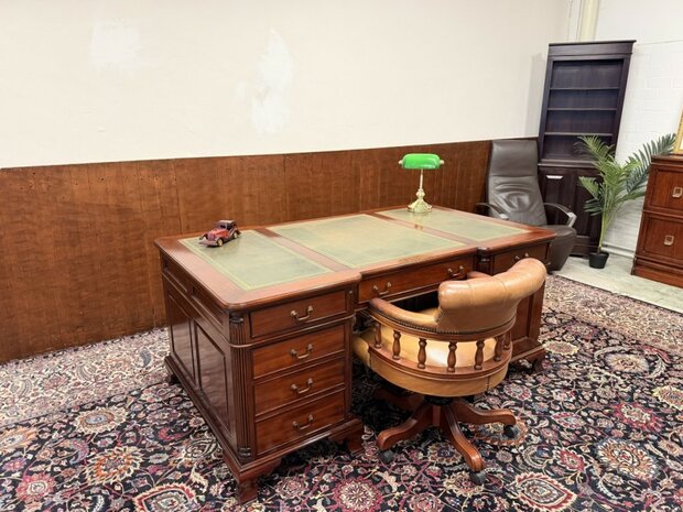 Klassiek-Engels-Oud-Antiek-Chesterfield-Vintage-Bureau-Partnerdesk-Desk-met-Groen-Leder-Ingelegd