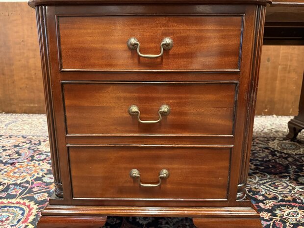 Klassiek-Engels-Oud-Antiek-Chesterfield-Vintage-Bureau-Partnerdesk-Desk-met-Groen-Leder-Ingelegd