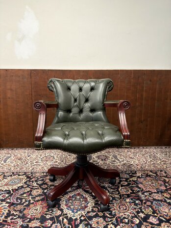 Klassiek-Oud-Antiek-Engels-Antiek-Vintage-Chesterfield-Bureaustoel-President-Chair-Groen-Leder
