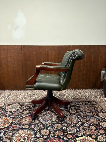 Klassiek-Oud-Antiek-Engels-Antiek-Vintage-Chesterfield-Bureaustoel-President-Chair-Groen-Leder