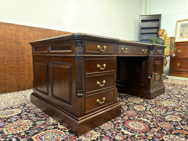 Klassiek-Oud-Antiek-Engels-Antiek-Vintage-Chesterfield-Bureau-Desk-Partnerdesk-Groen-Leder