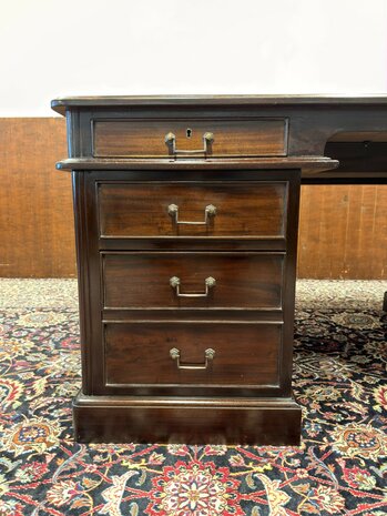 Klassiek-Oud-Antiek-Engels-Antiek-Vintage-Chesterfield-Bureau-Desk-Partnerdesk-Bruin-Leder