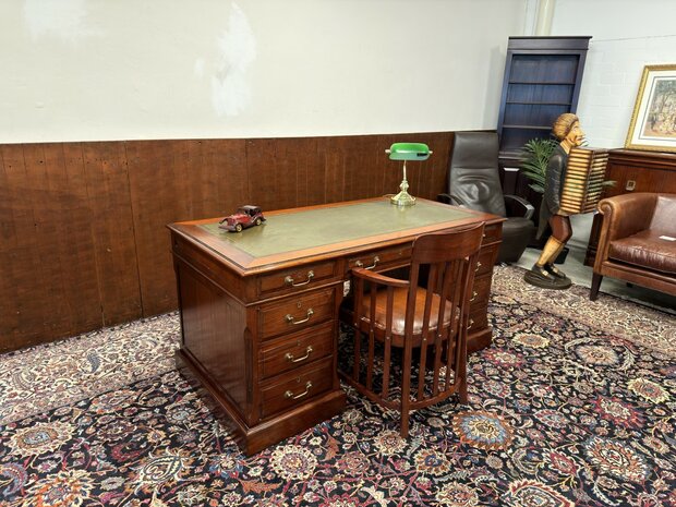 Klassiek-Antiek-Oud-Engels-Chesterfield-Vintage-Origineel-Globe-Wernicke-Bureau-Desk-Mahoniehout-Groen-Leder