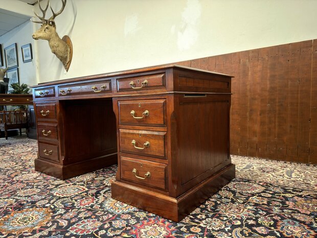 Klassiek-Antiek-Oud-Engels-Chesterfield-Vintage-Origineel-Globe-Wernicke-Bureau-Desk-Mahoniehout-Groen-Leder