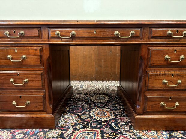 Klassiek-Antiek-Oud-Engels-Chesterfield-Vintage-Origineel-Globe-Wernicke-Bureau-Desk-Mahoniehout-Groen-Leder