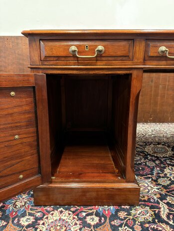 Klassiek-Antiek-Oud-Engels-Chesterfield-Vintage-Origineel-Globe-Wernicke-Bureau-Desk-Mahoniehout-Groen-Leder