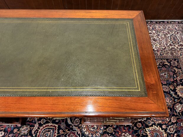 Klassiek-Antiek-Oud-Engels-Chesterfield-Vintage-Origineel-Globe-Wernicke-Bureau-Desk-Mahoniehout-Groen-Leder