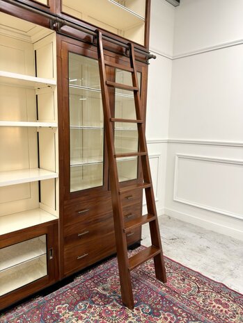 Klassiek-Antiek-Oud-Engels-Chesterfield-Vintage-Art-Deco-Boekenkast-Bibliotheekkast-Kast-met-Ladder-Trap