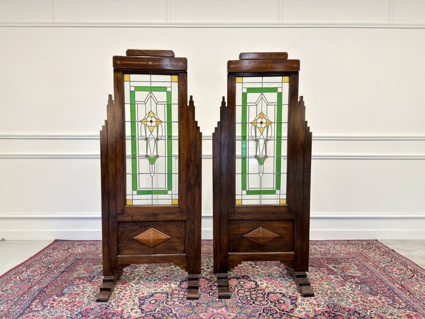Klassiek-Engels-Oud-Antiek-Vintage-Chesterfield-Mahonie-Kamerscherm-Room-Divider-Glas-In-Lood