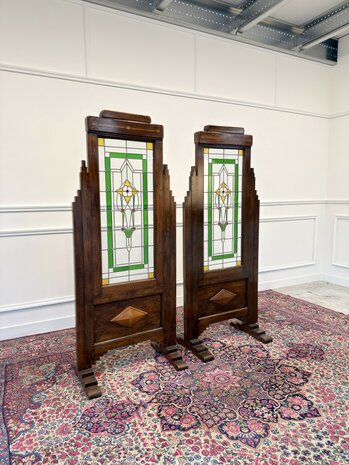 Klassiek-Engels-Oud-Antiek-Vintage-Chesterfield-Mahonie-Kamerscherm-Room-Divider-Glas-In-Lood