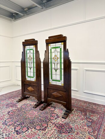 Klassiek-Engels-Oud-Antiek-Vintage-Chesterfield-Mahonie-Kamerscherm-Room-Divider-Glas-In-Lood