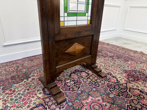 Klassiek-Engels-Oud-Antiek-Vintage-Chesterfield-Mahonie-Kamerscherm-Room-Divider-Glas-In-Lood
