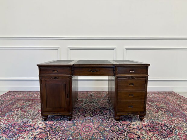 Klassiek-Engels-Oud-Antiek-Vintage-Chesterfield-Mahonie-Bureau-Desk-Zwart-Leder