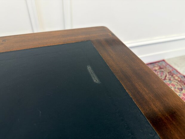 Klassiek-Engels-Oud-Antiek-Vintage-Chesterfield-Mahonie-Bureau-Desk-Zwart-Leder