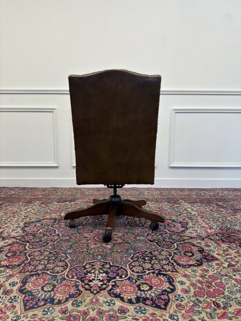 Klassiek-Antiek-Engels-Vintage-Chesterfield-Bureaustoel-President-Chair-Bruin-Leder