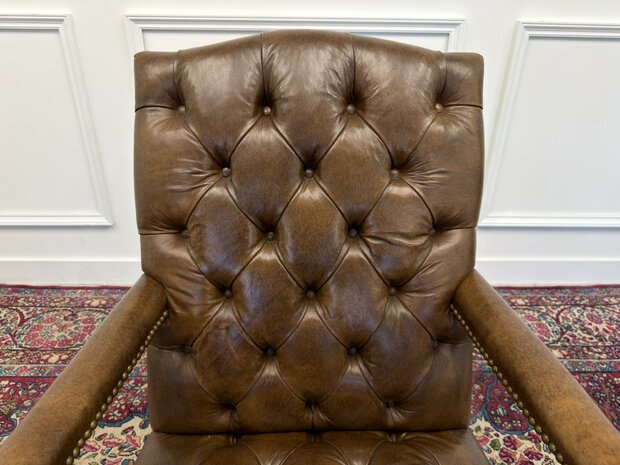 Klassiek-Antiek-Engels-Vintage-Chesterfield-Bureaustoel-President-Chair-Bruin-Leder