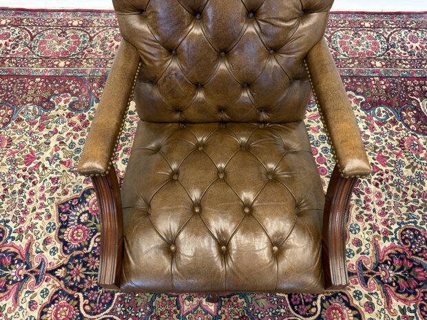 Klassiek-Antiek-Engels-Vintage-Chesterfield-Bureaustoel-President-Chair-Bruin-Leder