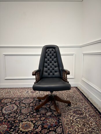 Klassiek-Engels-Antiek-Oud-Chesterfield-Vintage-Bureaustoel-President-Chair-Zwart-Leder