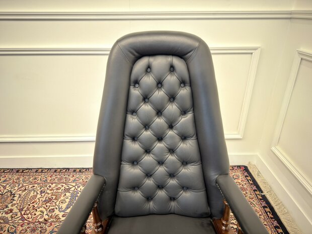 Klassiek-Engels-Antiek-Oud-Chesterfield-Vintage-Bureaustoel-President-Chair-Zwart-Leder
