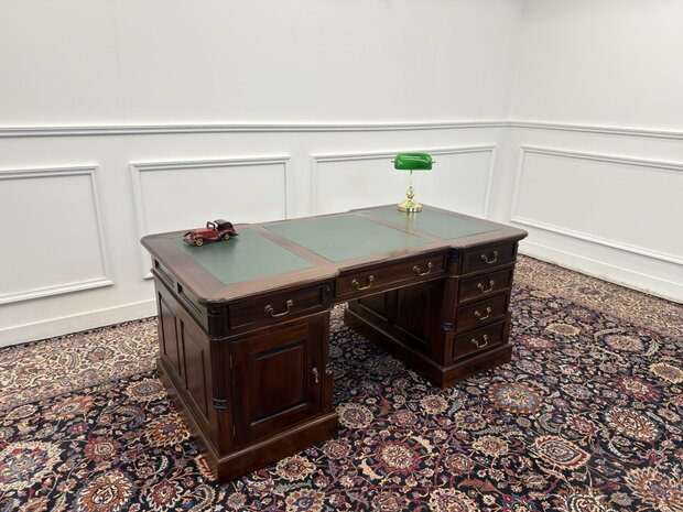 Klassiek-Engels-Antiek-Oud-Chesterfield-Vintage-Bureau-Desk-Partnerdesk-Groen-Leder-Ingelegd