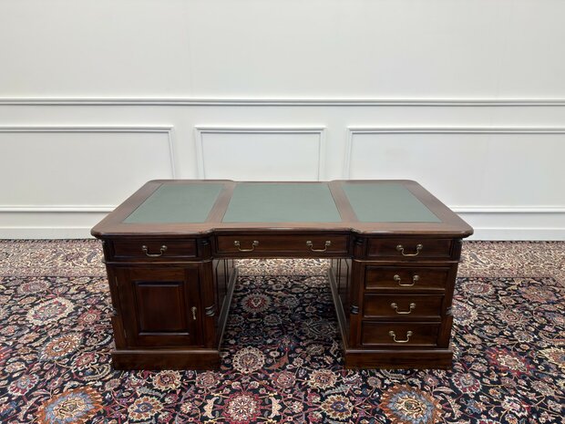 Klassiek-Engels-Antiek-Oud-Chesterfield-Vintage-Bureau-Desk-Partnerdesk-Groen-Leder-Ingelegd