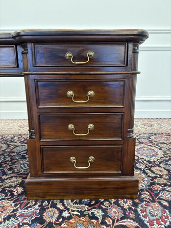 Klassiek-Engels-Antiek-Oud-Chesterfield-Vintage-Bureau-Desk-Partnerdesk-Groen-Leder-Ingelegd