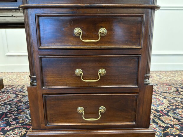 Klassiek-Engels-Antiek-Oud-Chesterfield-Vintage-Bureau-Desk-Partnerdesk-Groen-Leder-Ingelegd