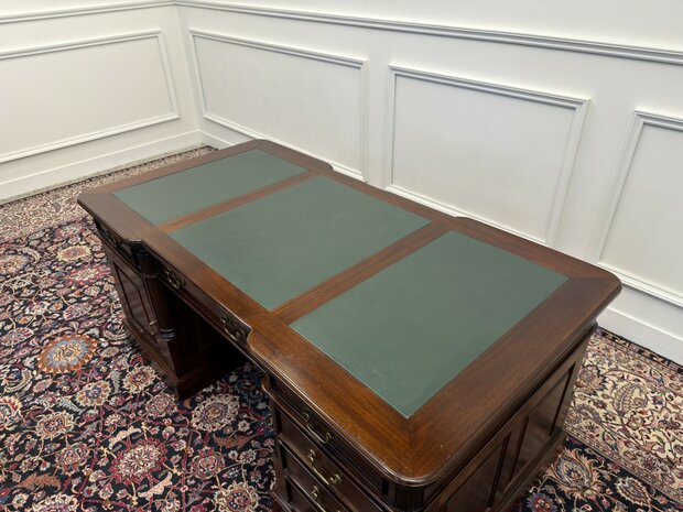 Klassiek-Engels-Antiek-Oud-Chesterfield-Vintage-Bureau-Desk-Partnerdesk-Groen-Leder-Ingelegd