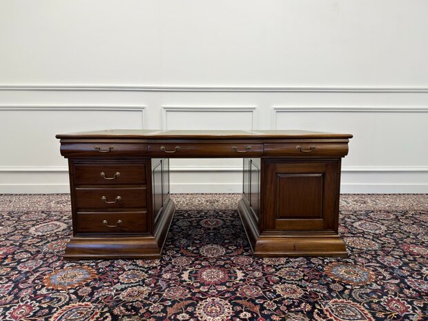Klassiek-Engels-Antiek-Oud-Chesterfield-Vintage-Bureau-Desk-Partnerdesk-Groen-Leder-Ingelegd