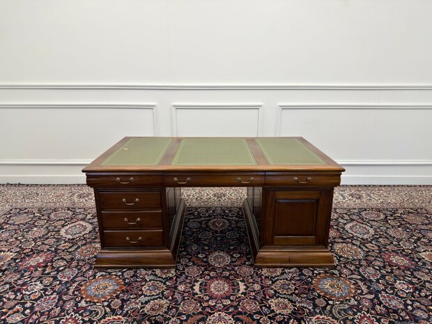 Klassiek-Engels-Antiek-Oud-Chesterfield-Vintage-Bureau-Desk-Partnerdesk-Groen-Leder-Ingelegd