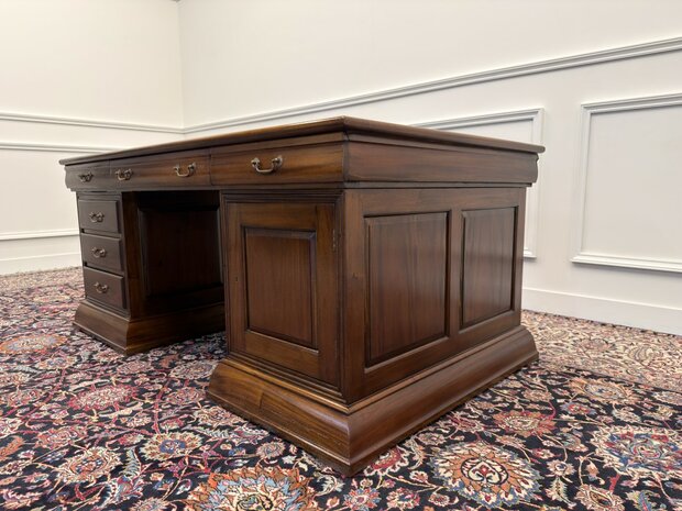 Klassiek-Engels-Antiek-Oud-Chesterfield-Vintage-Bureau-Desk-Partnerdesk-Groen-Leder-Ingelegd