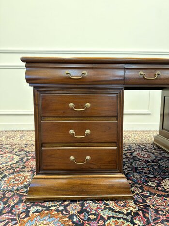 Klassiek-Engels-Antiek-Oud-Chesterfield-Vintage-Bureau-Desk-Partnerdesk-Groen-Leder-Ingelegd