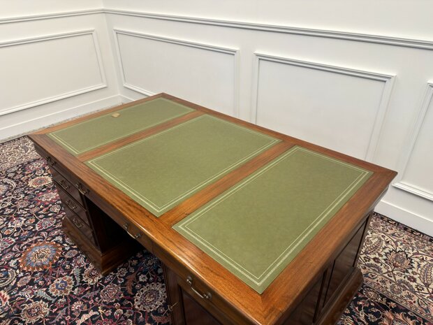 Klassiek-Engels-Antiek-Oud-Chesterfield-Vintage-Bureau-Desk-Partnerdesk-Groen-Leder-Ingelegd