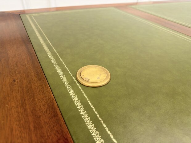 Klassiek-Engels-Antiek-Oud-Chesterfield-Vintage-Bureau-Desk-Partnerdesk-Groen-Leder-Ingelegd
