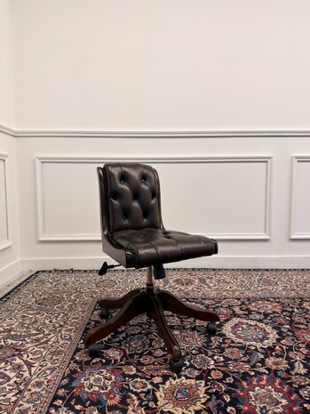 Klassiek-Engels-Antiek-Oud-Chesterfield-Vintage-Bureaustoel-President-Chair-Bruin-Leder