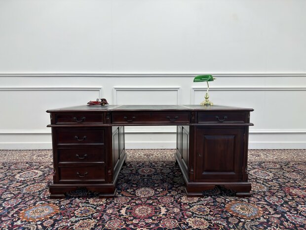 Klassiek-Engels-Antiek-Oud-Vintage-Chesterfield-Bureau-Desk-Partnerdesk-Groen-Leder