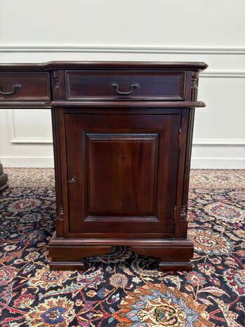 Klassiek-Engels-Antiek-Oud-Vintage-Chesterfield-Bureau-Desk-Partnerdesk-Groen-Leder