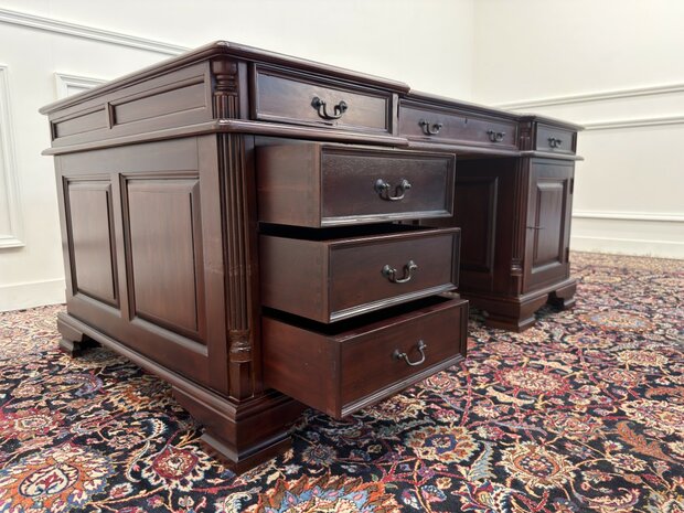 Klassiek-Engels-Antiek-Oud-Vintage-Chesterfield-Bureau-Desk-Partnerdesk-Groen-Leder