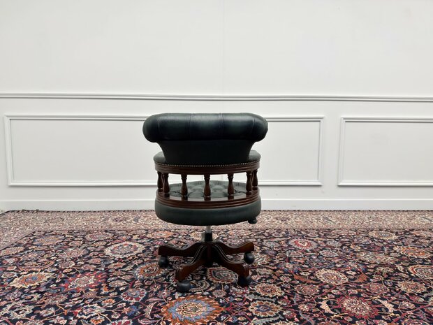 Klassiek-Engels-Antiek-Oud-Vintage-Chesterfield-Bureaustoel-Captain-Chair-Groen-Leder