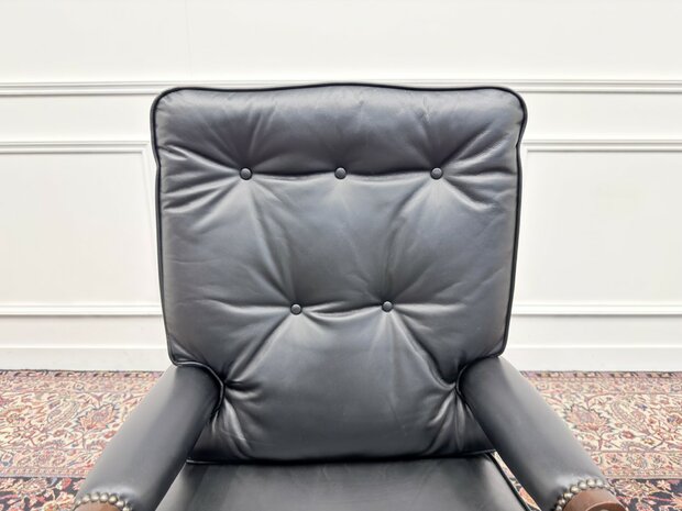 Klassiek-Engels-Antiek-Oud-Vintage-Chesterfield-Bureaustoel-President-Chair-Zwart-Leder