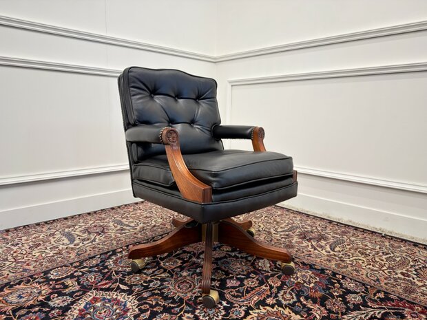 Klassiek-Engels-Vintage-Antiek-Oud-Chesterfield-Bureaustoel-President-Chair-Zwart-Leder