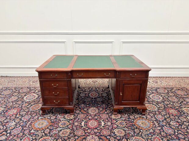 Klassiek-Engels-Antiek-Oud-Vintage-Chesterfield-Bureau-Desk-Partnerdesk-Groen-Leder-Ingelegd