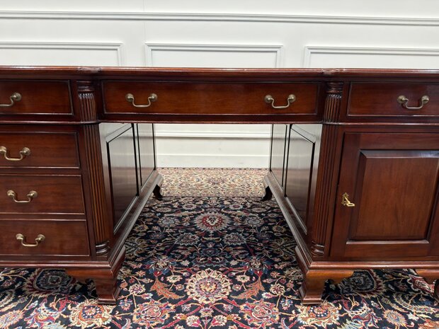 Klassiek-Engels-Antiek-Oud-Vintage-Chesterfield-Bureau-Desk-Partnerdesk-Groen-Leder-Ingelegd