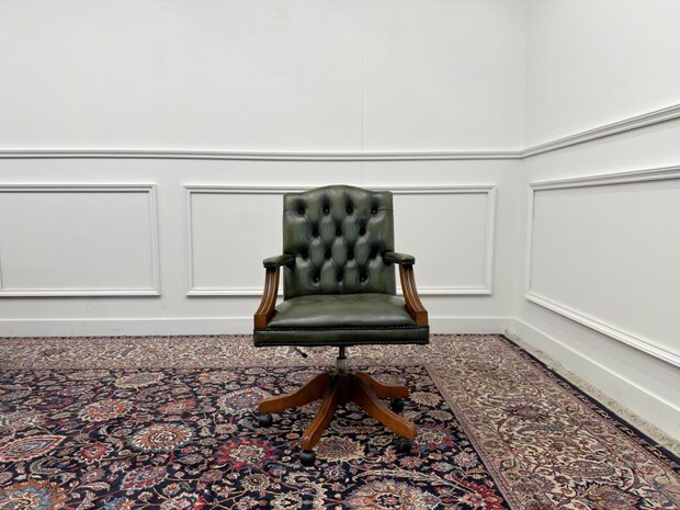 Klassiek-Engels-Antiek-Oud-Vintage-Chesterfield-Groene-Bureaustoel-President-Chair
