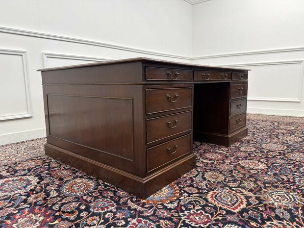 Groot-Klassiek-Engels-Antiek-Oud-Vintage-Chesterfield-Bureau-Desk-Partnerdesk-Groen-Leder-Ingelegd
