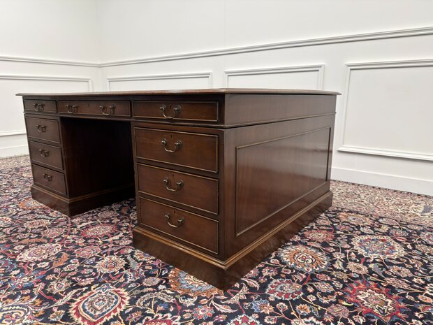 Groot-Klassiek-Engels-Antiek-Oud-Vintage-Chesterfield-Bureau-Desk-Partnerdesk-Groen-Leder-Ingelegd