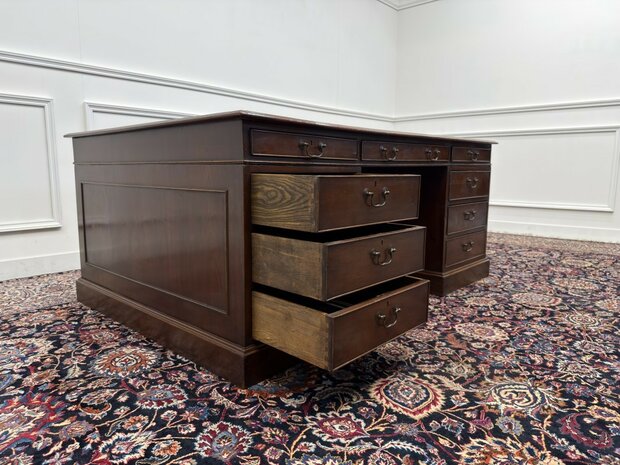 Groot-Klassiek-Engels-Antiek-Oud-Vintage-Chesterfield-Bureau-Desk-Partnerdesk-Groen-Leder-Ingelegd